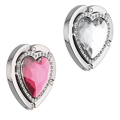 Bild av kwmobile Handväskekrokar för bord set med 2 bärbara handväskkrokar, vikbar väskhållare, handväskhängare design Hjärta Diamant rosa/silver,