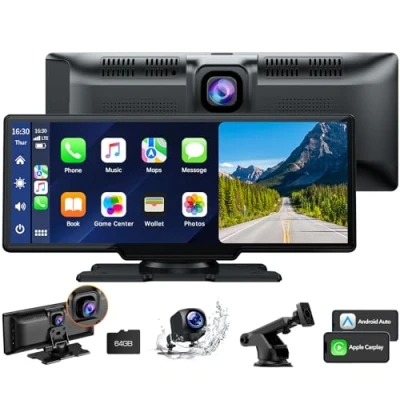 Bild av Volam 9,26 tums Carplayq skärm med 2,5K Dashcam Bilfront, 1080P backkamera, trådlös A pple Carplay Android Auto, Mirror Link, Navigation, G00gle, Siri, FM, AUX, Loop Recording, 64G SD kort