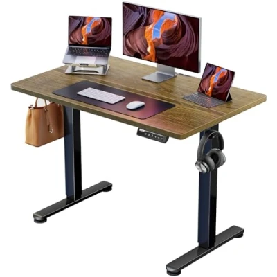 Bild av ErGear stående skrivbord, 100 x 60 cm höjdjusterbart elektriskt sittstativ skrivbord med skarvbräda, ståskrivbord ryggsäckskrok och 4 smarta minnen, för hemmakontor