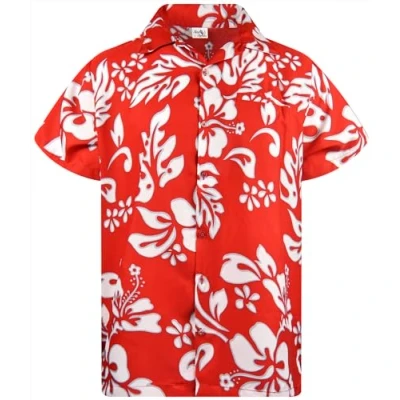 Bild av King Kameha Funky Hawaii skjorta män kortärmad framficka party palmblad hibiskus tryck, ferrariröd, XXL
