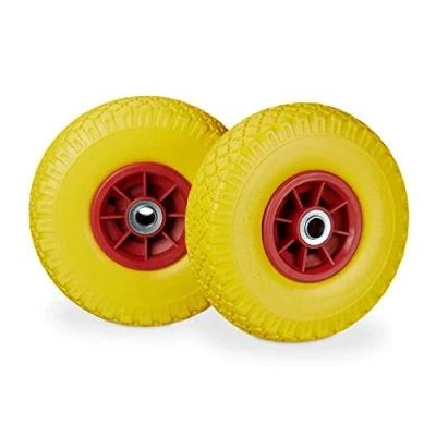 Bild av Relaxdays 2 x säckkärrhjul, punkteringssäkra massiva gummidäck, 3,004 tum, 20 mm axel, upp till 80 kg, 260 85 mm, gul röd