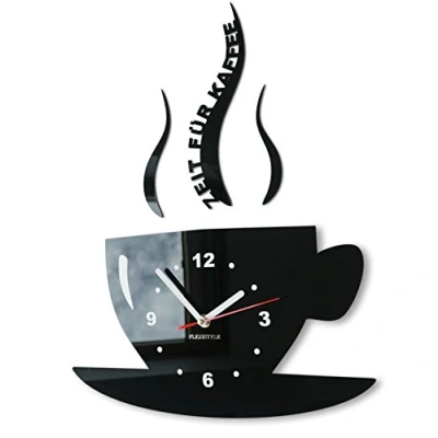 Bild av Flexibel kopp tid för kaffe modern kök väggklocka, 3D romersk, väggklocka dekoration (svart)