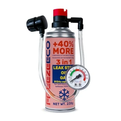 Bild av r134a köldmedium, köldmedium påfyllningssats, klimgas r134a, FREEZEECO 3in1 HOBBY med integrerad tryckslang manometer