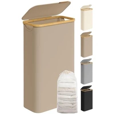 Bild av SONGMICS Slimmad tvättkorg med lock, 65L, utrymmesbesparande, avtagbart nätfoder, Oxford tyg, bambuhandtag, hopfällbar, 42 x 22,5 70,5 cm, Camel Brown LCB506N02