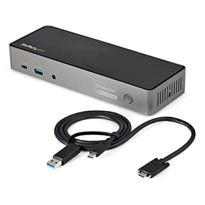 Bild av StarTech.com USB C och A docka hybrid universell trippelskärm bärbar dockningsstation DisplayPort HDMI 4K 60Hz 85 W strömförsörjning, 6 x hubb, GbE, ljud 3.1 Gen 2, 10 Gbps (DK31C3HDPDUE)
