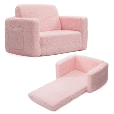 Bild av BEJOY Barnsoffa 2 i 1 med Gosig Sherpa, Konvertibel Soffa till Viloläge, Perfekt Gåva Barnens Dag och Födelsedag, Rosa