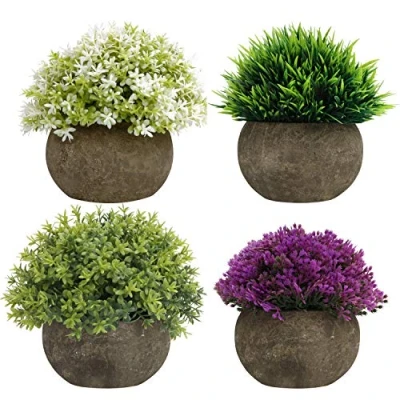 Bild av Belle Vous Mini Grön, Lila &amp; Vita Konstgjorda Låtsas Planterade Blommor (4 Pack) Små Inomhus Utomhus Plantor Hem, Kontor, Badrum, Köksdekor, Hylla Bordsdekoration