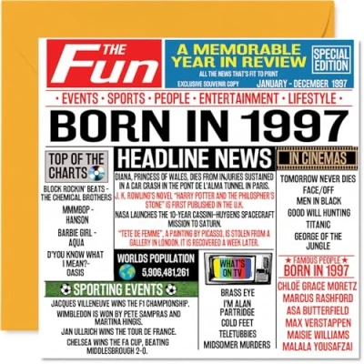 Bild av 27:e födelsedagskort för män kvinnor född 1997 tidning grattis på 27 bror syster vänner vintage retro tillbaka 1997, 145 mm x tjugosjude tjugo sjunde födelsedagen