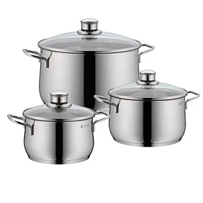Bild av WMF Diadem Plus grytset induktion 3 delar, kastrullset med glaslock, Cromargan polerat rostfritt stål, induktionskrukor, set obelagda, silvermetallic