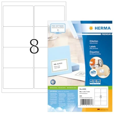 Bild av HERMA 4269 adressetiketter A4 (99,1 x 67,7 mm, 100 ark, papper, matt) självhäftande, utskrivbara, permanenta universella etiketter, 800 klistermärken, vit