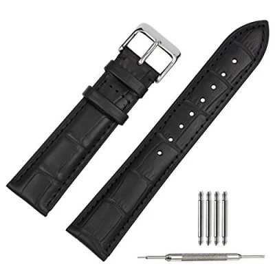 Bild av TStrap Militärt klockarmband i läder, mjukt, svart, brunt, alligator, för män och kvinnor, spänne smartklocka, 14,16, 18, 19, 20, 21, 22 samt 24 mm, Svart/svart söm, 20mm