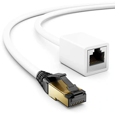 Bild av deleyCON 10m CAT8.1 RJ45 Förlängningspatchkabel Nätverkskabel 40 GBit/s 2000 MHz S/FTP Koppar PiMF 1x kontakt uttag för Ethernet LAN Spel Streaming Vit