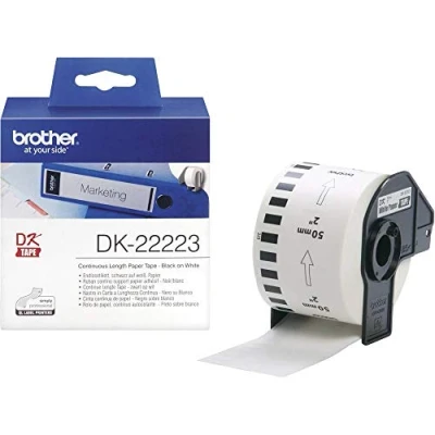 Bild av Brother DK 22223 etikettrulle, kontinuerligt papper, svart på vit, enkel 50 mm (B) x 30,48 m (L), äkta tillbehör