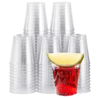 Bild av MATANA 60 shotglas i plast, silverglitter (30 ml/11 oz) återanvändbara shotglas, gelé shots, provsmakningskoppar shotkoppar för fester, födelsedagar, bröllop, möhippor