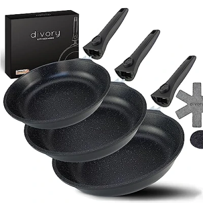 Bild av DIVORY 3 delad stekpanna set 20cm, 24cm, 28cm med avtagbart handtag, induktion, non stick belagd, hög + pannskydd