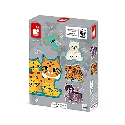 Bild av Janod 5 Adaptable Animal Puzzles (2 to 6 Pieces) Early Educational Game Observation and Coordination Made in France WWF Partnership FSC Certified Cardboard From 2 years old, J08625