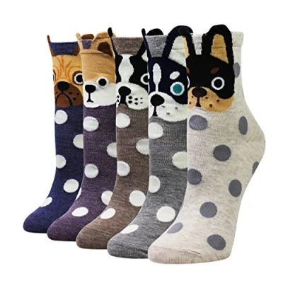Bild av Cansok dam besättningsstrumpor Bulldogg hund Polka Dots roliga nyhet klä strumpor 5 par