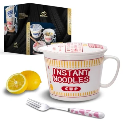 Bild av Ramen Bowl with Lid Creative Instant Noodle Large Japanese Ceramic Soup Handle (Red, 33 OZ)