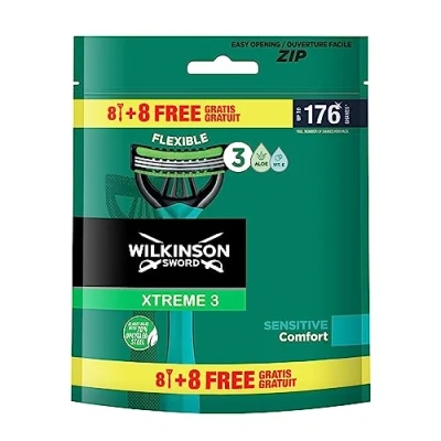 Bild av Wilkinson Sword Xtreme 3 Sensitive Förpackning Med 8 + Engångsmaskiner Ett Vitamin E smörjband och Aloe Vera Optimal För Ansiktsvård &amp; Mjukhet