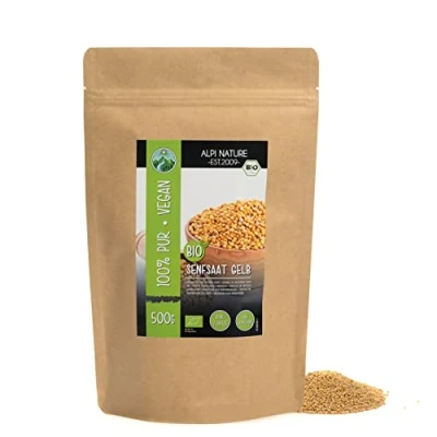 Bild av ekologiska senapsfrön helt gul vit (500 g), gul, från kontrollerad ekologisk odling, 100 % naturlig, utan tillsatser, vit,