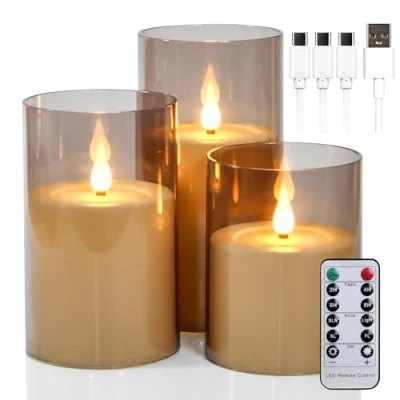 Bild av yunsheng uppladdningsbara LED ljus med fjärrkontroll och timer, flamlösa ljus, flimrande elektriska pelarljus akrylfodral typ C laddkabel, set om 3 (3 x 4/5/6 tum)