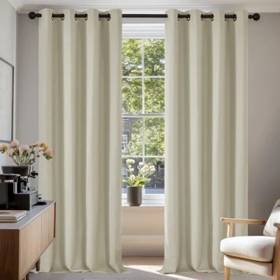 Bild av Deconovo mörkläggningsgardiner, värmeisolerade gardiner för vardagsrum och sovrum, modern design med öljetter, 140 x 270 cm (bredd höjd), ljusbeige, 2 delar