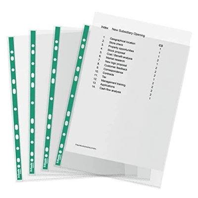 Bild av Esselte A4 stansade fickor, 100 x polyfickor, 34 mikrontjocklek, klara präglade fickor med stansad förstärkt grön ryggrad, perfekt för spakarkiv och ringpärmar (paket 100), 628531