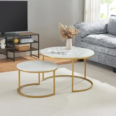Bild av [en.casa] Soffbord Christchurch, set om 2 vardagsrumsbord, runt vitt och guldfärgat bordsset med marmorutseende, sidobord metallram