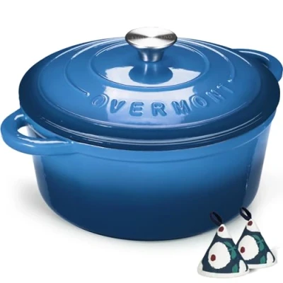 Bild av Overmont 6,6 L emaljerad gjutjärn rund gryta med lock kokbok &amp; bomull grytlappar non stick holländsk ugn köksredskap för flätning, grytor, rostning, bröd bakning blå, 28 cm
