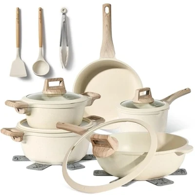 Bild av JUST PERFECTO batteri Induktionsgrytor och stekpannor, non stick stekpannor set för alla hällar 28 cm köksredskap med lock, pfoa fri PTFE (Biege)
