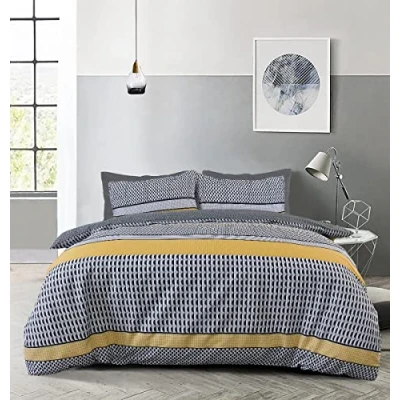 Bild av Sleepdown Rand geo abstrakt mono svart grå ockra vändbart påslakan täcke örngott sängkläder set mjuk enkel skötsel dubbel (200 cm x 200 cm)