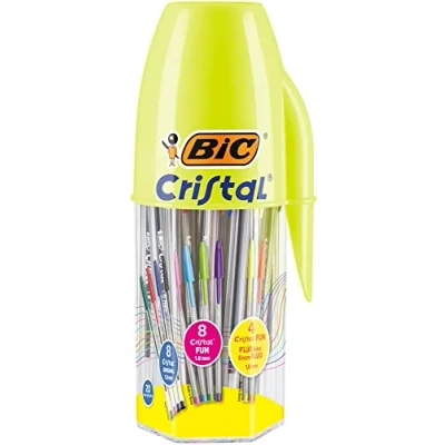 Bild av BIC Megatubo Kristal Original färgade kulspetspennor set (1 mm spets, kul, fluo, 1,6 skol och hembrevpapper, presentidé, 20 enheter