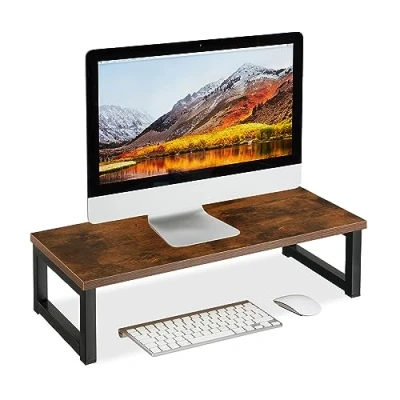 Bild av Relaxdays monitorstativ, skärmhöjd för skrivbord, H x B D: 15 55 23 cm, industriell design, brun/svart, stål