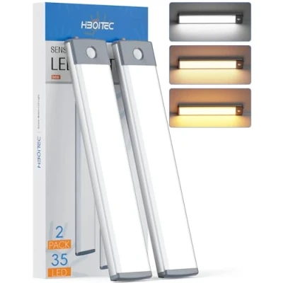 Bild av HIBOITEC Rörelsesensor skåplampa 3 färgtemperaturer steglös dimning, garderob USB uppladdningsbar 35 LED trådlös under skåp belysning självhäftande kök trappor hall (2 pack)