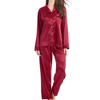 Bild av Pyjamasset för kvinnor satin långa nattkläder myskläder, Bourgogne med svarta rörledningar, M