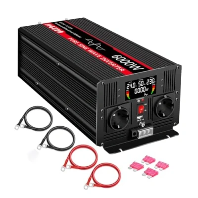 Bild av JIGUUN 6000W inverter 12V 230V ren sinus spänningsomvandlare med 2 EU uttag &amp; 2.4A USB utgång Trådlös fjärrkontroll och LCD display Peak Power 12000W för lastbil Camping Emergency