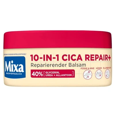 Bild av Mixa Urea balsam, med 40% glycerin, och allatoin, reparerande, fuktgivande, för mycket torr, sprucken hud på armbågar, knän, fötter händer, 10 i 1 Cica Repair+, 150 ml