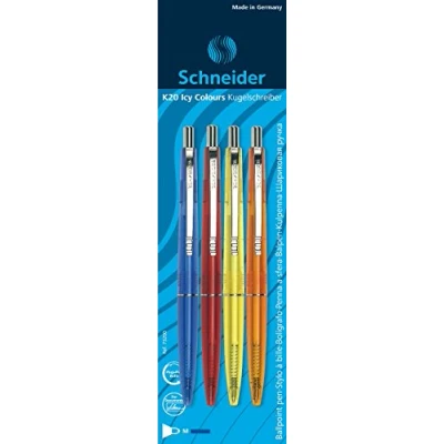Bild av Schneider 73200 K20 Icy Colours kulspetspenna (dokumentäkta blyerts linjebredd M, made, i Tyskland) 4 st blisterkort, sorterad, skrivfärg: blå