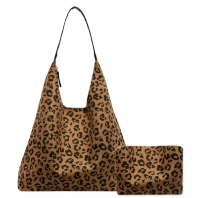 Bild av axelväska dam mocka mjukt läder väska retro stor kapacitet handväska hobo med dragkedja 2 st set, Brun leopardtryck