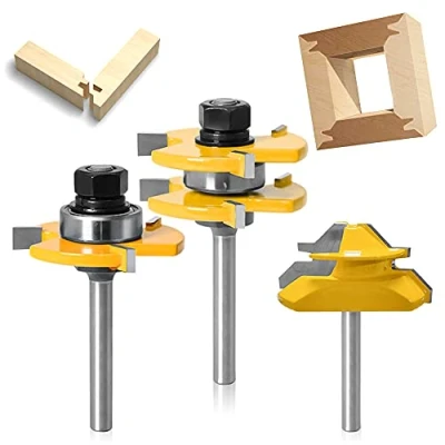 Bild av 3 delad överfräs set, 6,35 mm router bits, fräs lock Mitre bit 45, för överfräsar, träbearbetningsverktyg