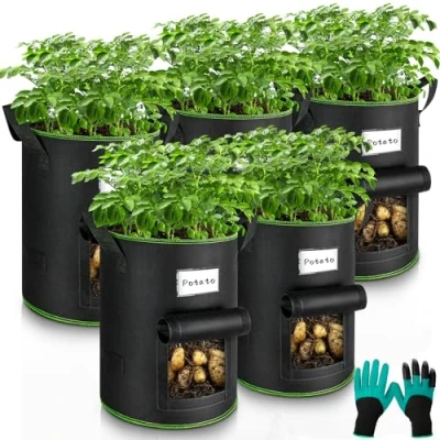 Bild av Potatis växtpåse 5 stycken 30 l planteringspåsar med trädgårdshandskar, i fleece handtag och synligt fönster, växtkruka för potatis, tomater, jordgubbar, grönsaker