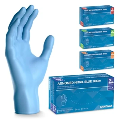 Bild av ARNOMED engångshandskar blå, XL, nitrilhandskar med 200 st/kartong, puderfria engångshandskar, latexfria gummihandskar, finns i S, M, L &amp; XL.