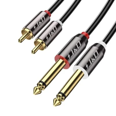 Bild av J&amp;D Dual 1/4 tum TS till RCA Stereo Audio Interconnect Kabel, Guldpläterad Kopparskal Heavy Duty 2X 6,35 mm Hane 2 Adapterkabel, 1,8 m