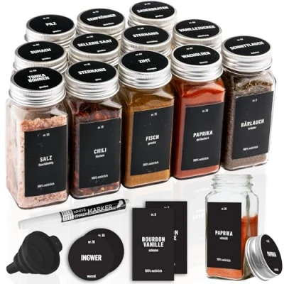 Bild av Deco Haus® Kryddburkar Fyrkantiga Lufttäta 12 Set [inkl. Etiketter &amp; Ströinsats] Kryddkärl i Glas Kryddbehållare Spice Jars Kryddförvaring Behållare för Kryddor