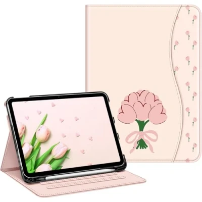 Bild av Fintie fodral för iPad 10:e generationen 10,9 tum (2022 års modell), skyddande stativ med flervinkelvisning, pennhållare och ficka, automatisk sömn/väckning, (Coquette tulpaner)
