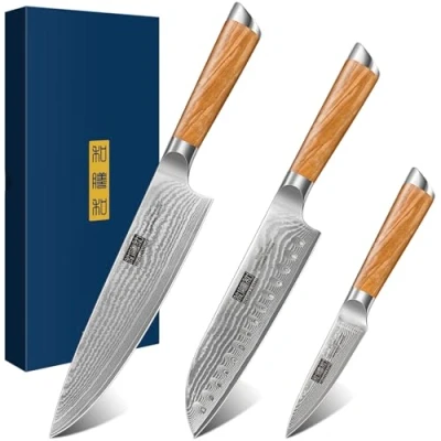 Bild av HOSHANHO damaskus 3 delat knivset, professionell japansk stålset i 67 lager, 20 cm kökskniv, 18 Santokukniv, 9,5 fruktkniv