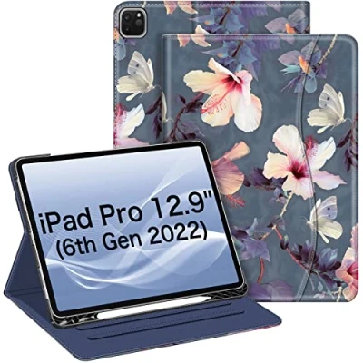 Bild av Fintie Fodral kompatibelt med iPad Pro 12,9 tum (2022/2021/2020/2018, 6:e/5:e/4:e/3:e generationen), smart stativskydd flera vinklar och ficka, automatisk sov/vakna, blommande hibiskus