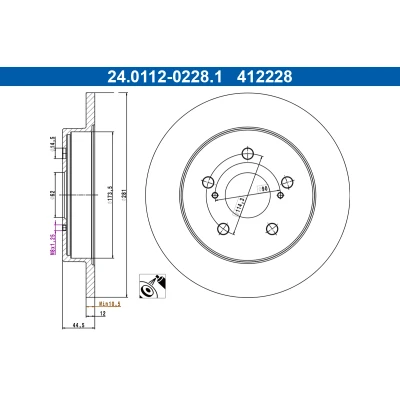 Bild av ATE Disque de frein TOYOTA: C HR, RAV4 V, Camry VIII Berline, LEXUS: NX, ES VII, UX 281,0mm 12,0mm 5 114,3mm plein revêtu 24.0112 0228.1 4243178010