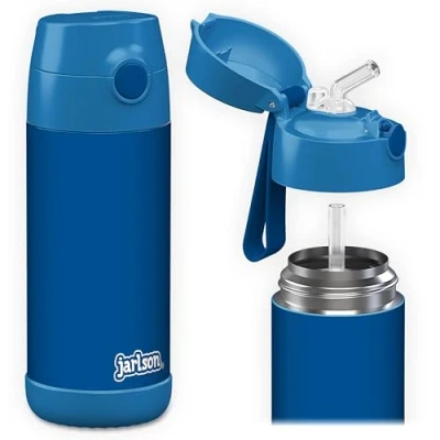 Bild av Jarlson® Vattenflaska barn rostfritt stål CHARLI med sugrör termosflaska 350 ml TÜV testad BPA fri läckagesäker för skola, dagis blå,