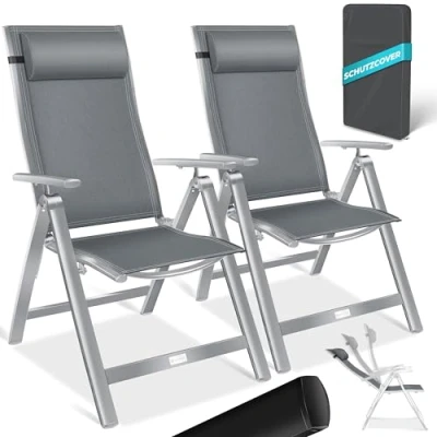 Bild av KESSER® Trädgårdsstol högt ryggstöd med armstöd set om 2 fällstol i aluminium inklusive kudde, campingstol 7 vägs justerbart andas och väderbeständig vikbar halkfri ljusgrå